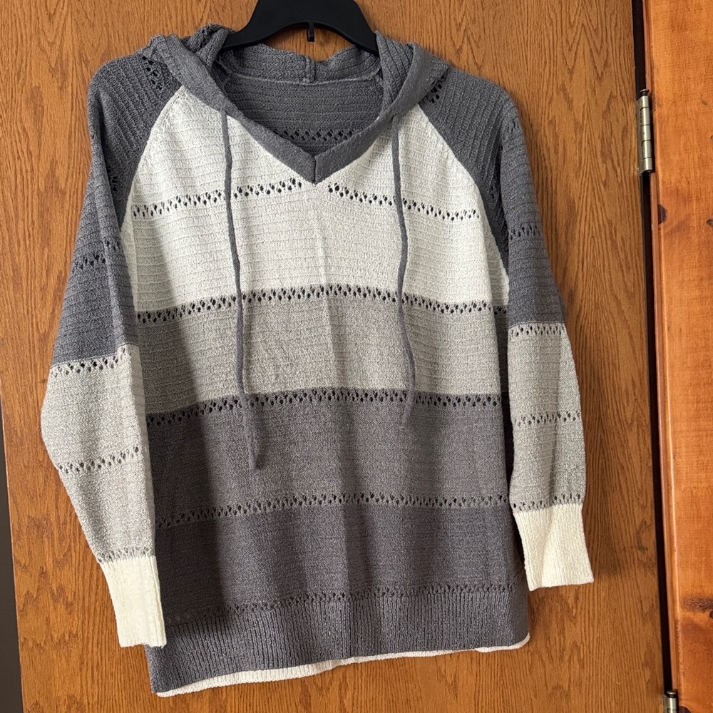 Gray and Cream Striped Women’s Sweater w/hood